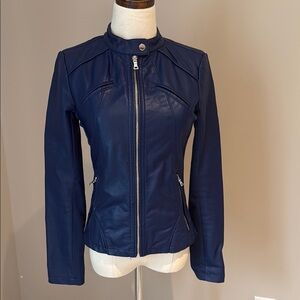 Sleek Blue Leather Guess Motorcycle Jacket with Silver Zipper
